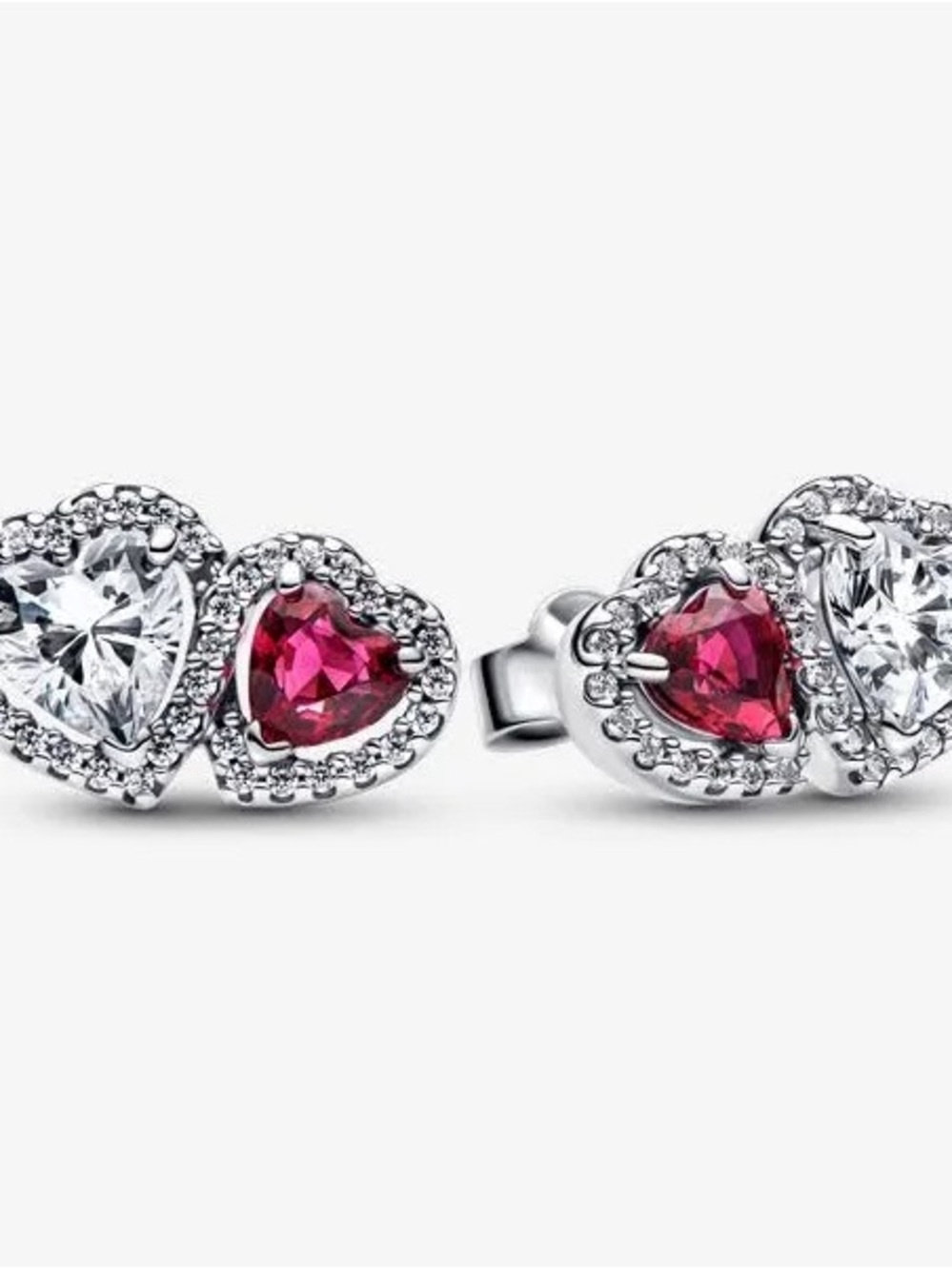 Sterling Silver Halo Heart Stud Earrings with Red and White Stones